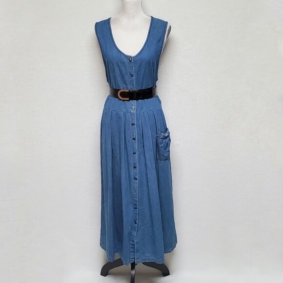 VINTAGE 1970s Talbots Mid Wash Oversized Button Up Belted Bow Denim Dress Medium - Picture 5 of 15